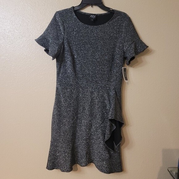 ECI New York womens Giltter Metalic Dress W/ Sleeve and Buttom Flutter Hem - Picture 2 of 9